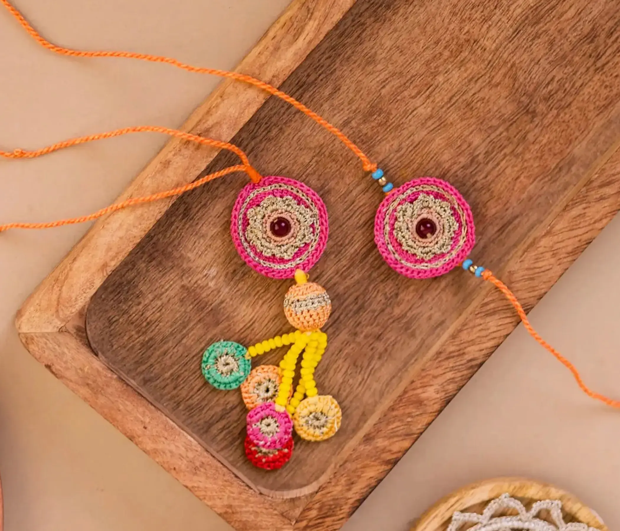 Handmade Crochet Circular Mandala Bhai Bhabhi Rakhi Set for Raksha Bandhan